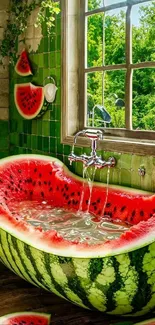 A watermelon-shaped bathtub in a green-tiled bathroom with natural light.