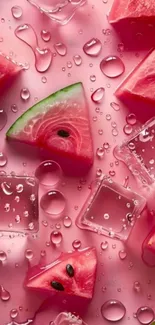 Watermelon slices with ice cubes on a pink background.