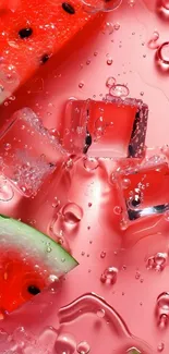 Watermelon slices with ice cubes on pink background.