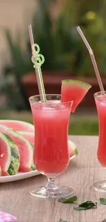 Refreshing watermelon drink with fresh slices in an outdoor setting.