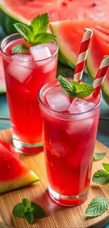 Refreshing watermelon drink with mint and ice cubes on a wooden table.