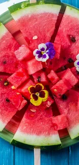 Refreshing watermelon popsicles arranged stylishly on a vibrant blue background.