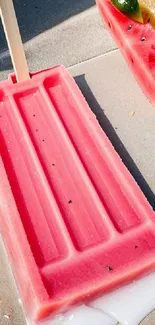 Close-up of a vibrant pink watermelon popsicle on a sunny day.