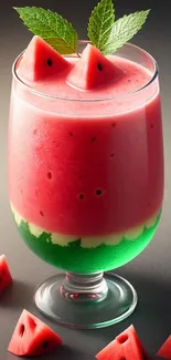 Colorful watermelon smoothie with mint leaves in a glass.