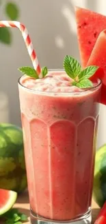 Vibrant watermelon smoothie with fresh slices and mint.