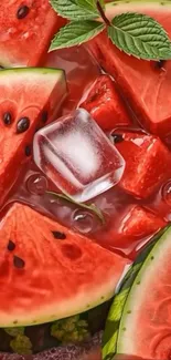 Refreshing watermelon slices with ice cube mobile wallpaper.