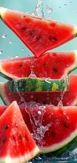 Stack of vibrant watermelon slices with water splash.
