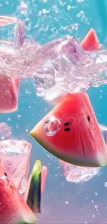 Watermelon slices and ice cubes splashing in turquoise water.