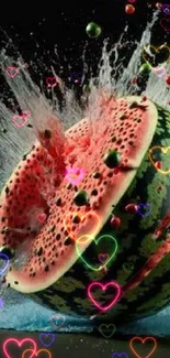 Exploding watermelon in vibrant splash art with green and red tones.