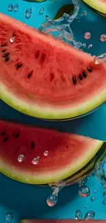 Watermelon slices with water splash on turquoise background.