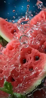 Vibrant watermelon slice with splashing water droplets.