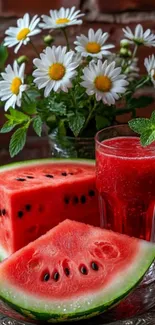 Refreshing watermelon slices and juice with daisies background.