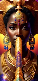 Regal African woman with gold jewelry and vibrant background.