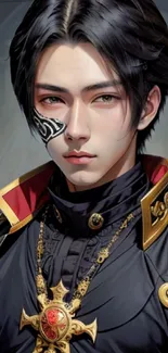 Anime character with black and gold attire and a mysterious look.