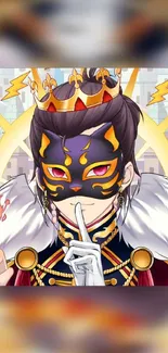 Anime character wearing a mask and crown in royal attire with vibrant colors.