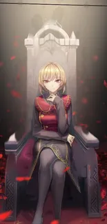 Anime character on throne with red petals and dark background.