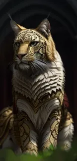 Lynx with intricate golden armor against a dark backdrop, stunning fantasy wallpaper.