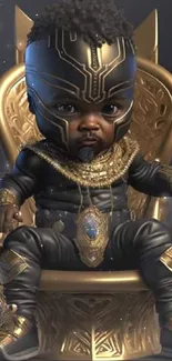 Cute baby wearing royal black and gold attire sitting on a throne.