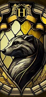 Stained glass badger emblem with yellow hues.