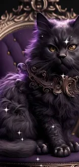 Regal black cat on a luxurious purple throne in dramatic lighting.