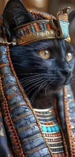 Black cat with Egyptian style headpiece and dark blue background.