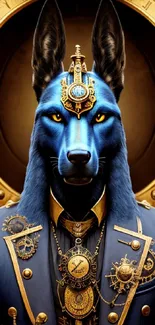 Fantasy artwork of a regal blue canine with golden ornate details.