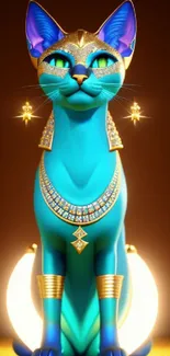 Regal blue cat with golden jewelry on mobile wallpaper.