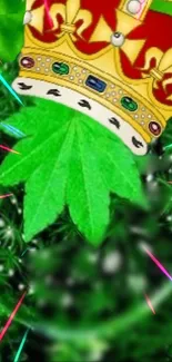 Cannabis leaf topped with a royal crown on a vibrant green background.