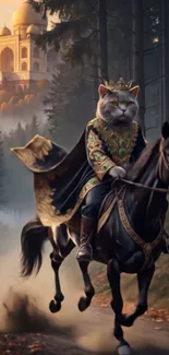 Majestic cat on horseback with Taj Mahal backdrop.