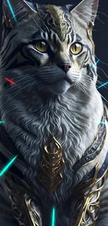 Regal cat with intricate armor in dark blue tones.