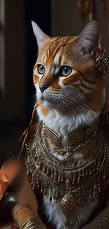 Regal cat adorned with intricate jewelry in brown and gold hues.