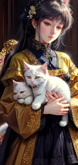 A regal woman holds two cats in a luxurious medieval setting.