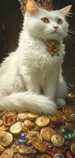 White cat with jewels sitting on gold coins.