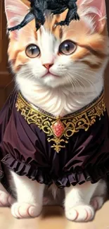 Regal cat in royal robe with a black dragon perched on its head.