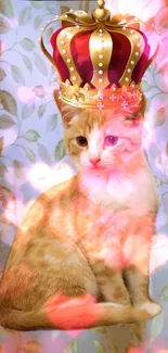 Cute kitten wearing a royal crown with pink lights on a floral background.