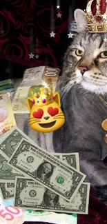 Cat wearing a crown surrounded by different currencies on a dark red background.