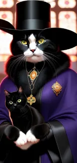 Two regal cats in medieval attire with purple cloaks and jewels.