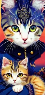 Two regal cats in vibrant robes with a gradient background.