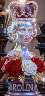 Regal chess bust with roses and crown in vivid colors.