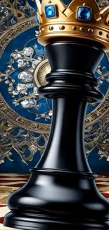 Crowned black chess piece on ornate background.