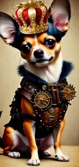 A regal Chihuahua in steampunk attire with a crown, perfect as a unique wallpaper.