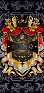 Regal king crest with golden crown on a patterned background.