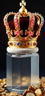 Luxurious crown on a crystal with gold coins beneath.