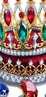 Luxurious crown with red and green gemstones and gold accents.