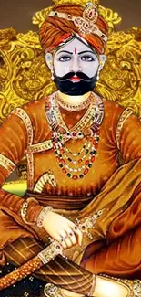 Regal portrait in traditional attire with gold accents on mobile wallpaper.