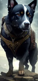 Regal dog standing atop a rock in a fantasy setting.