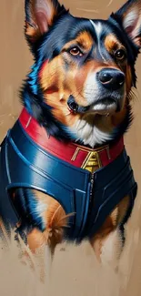 A majestic dog in blue armor on a brown background.