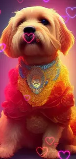 Regal dog in colorful, traditional attire on vibrant background.