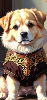 A regal dog in ornate clothing seated elegantly for a portrait.