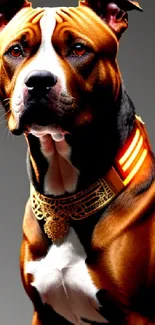 Regal dog with gold collar on a gray background.